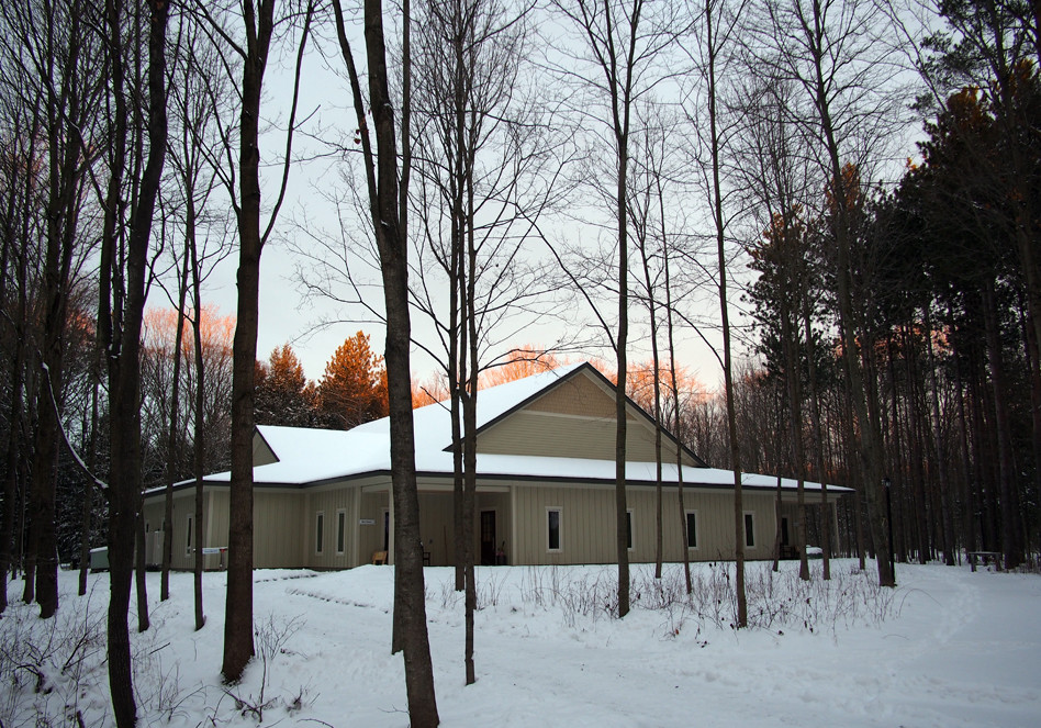 Outside view of the Meditation Hall in winter